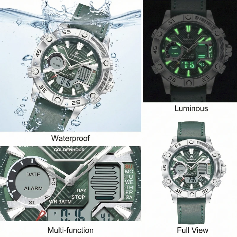GOLDENHOUR Luxury Brand Men Watch Military Sports Digital Analog Quartz Wristwatch Waterproof Multifunctional Leather Strap Relo