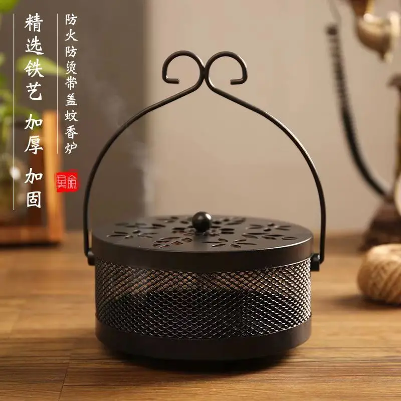 

Vintage Iron Art Mosquito Coil Box Incense Burner Sandalwood Indoor Hanging Home Decor Metal Coil Tray Hanging Censer