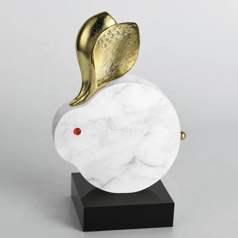 &c Cute Cartoon Lucky Animal Modern Light Luxury Metal Home Accessories Natural Marble Rabbit Ornament for Desktop Decor