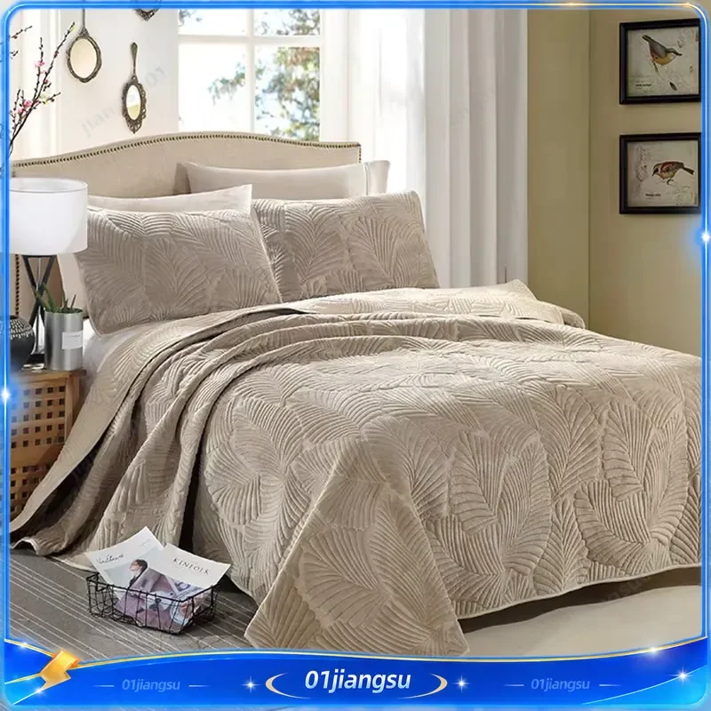 3Pcs Thickened Plush Velvet Quilt Set King Size Lightweight Bedspread Soft Quilted Bed Cover Padding Coverlets Home Textile