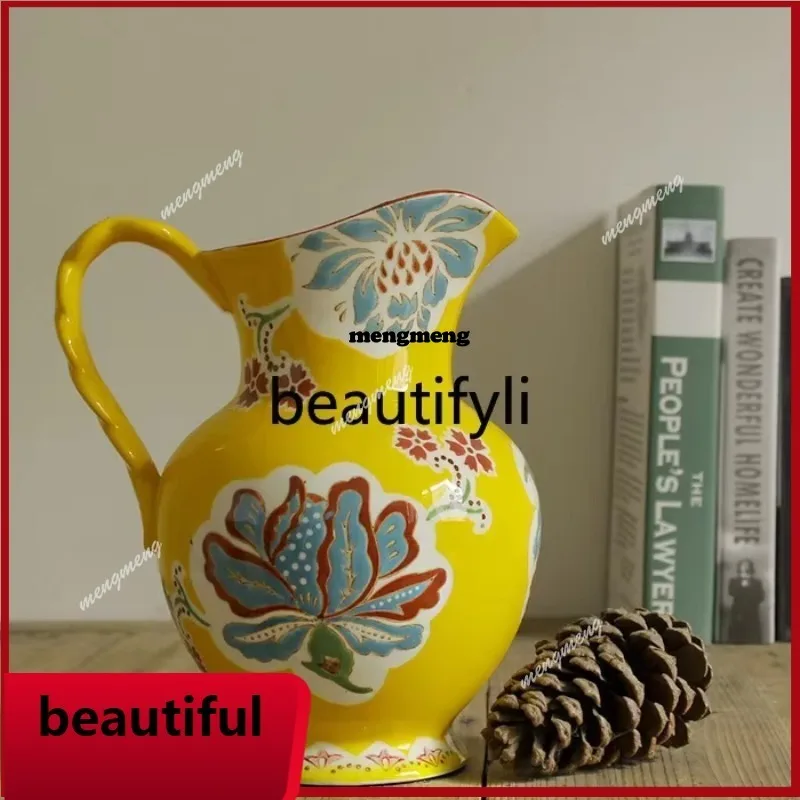 European pastoral hand-painted yellow flower pot export ceramic vase living room dining room table decoration ornament  N