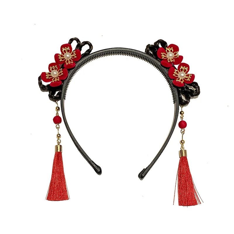Hair Clips Hair Hoop Girl Braided Wig Tassel Flower Hair Hoop For Girls, New Year Hair Accessories, Hanfu Styling Headwear