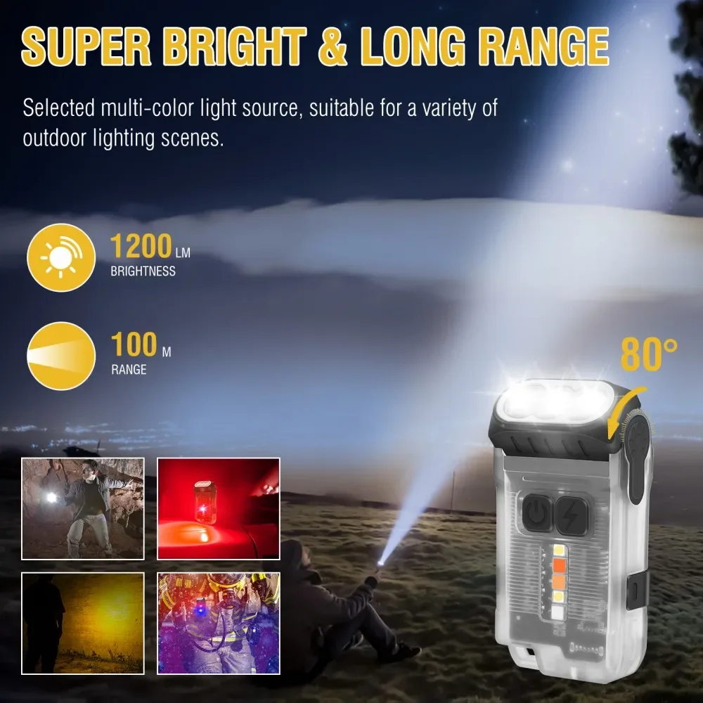 BORUiT V15 1200LM LED Keychain EDC Flashlight Type-C Rechargeable Work Light Torch with Magnet Waterproof Camping Pocket Lantern