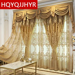 Modern Luxury Brown Tulle With Golden Blackout Curtains For Bedroom Living Room Kitchen Custom Hotel Valance Curtains