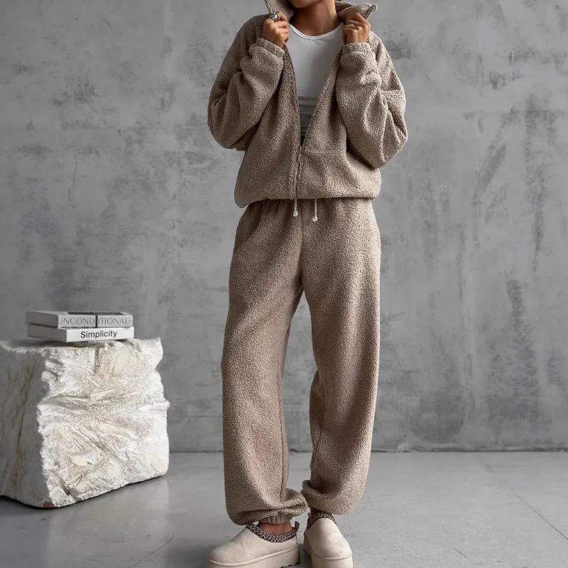 

Women Two Piece Tracksuit Set Solid Jogging Zipper Fleece Sweatshirt Suit Stand Collar Sports Wide Leg Straight Pants Outfit
