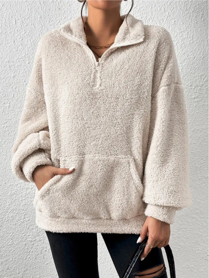 2026 Herbst Winter Mode Damen Samt-Hoodie Einfarbig Verdickter Plüsch-Pullover mit Großer Tasche Warmer Langarm-Damen-Sweatshirt – Detail 6