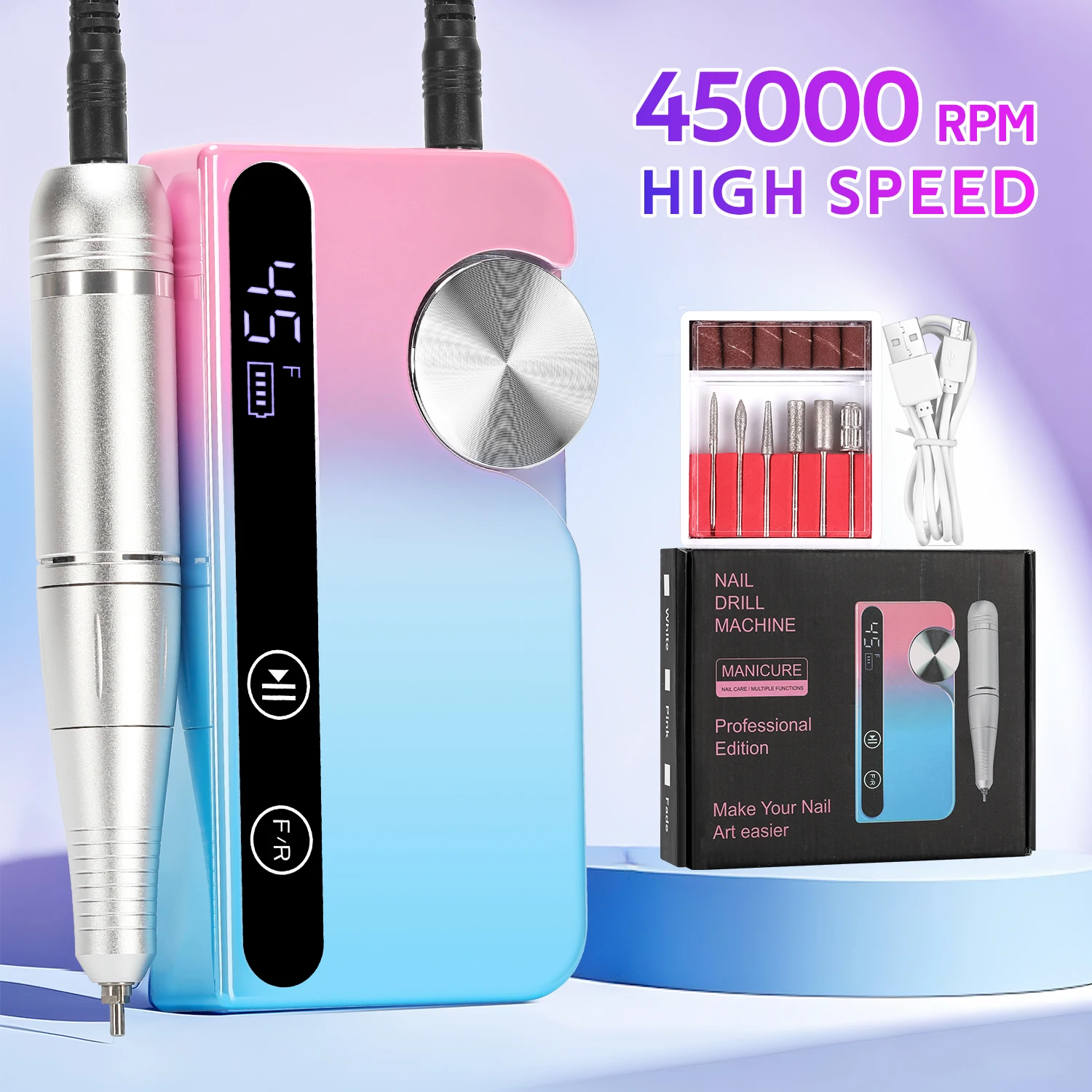 Portable 45000 RPM Nail Drill Machine With LCD Display Rechargeable Nail Sander Professional Nail Sander For Home Manicure Salon