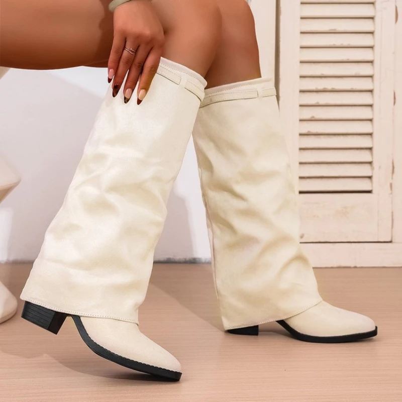 Women's Plus-size Pointed-toe Thigh-high Trousers Boots with Pleats Chunky Heels Slip-on High-heeled Versatile Fashion Boots