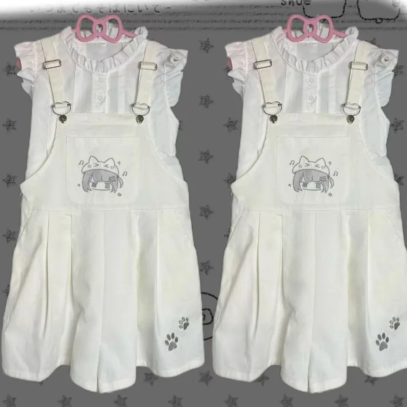 Jumpsuit wanita gaya Lolita Jepang Jumpsuit Romper gadis muda warna Solid celana pendek imut kartun applique Jumpsuit