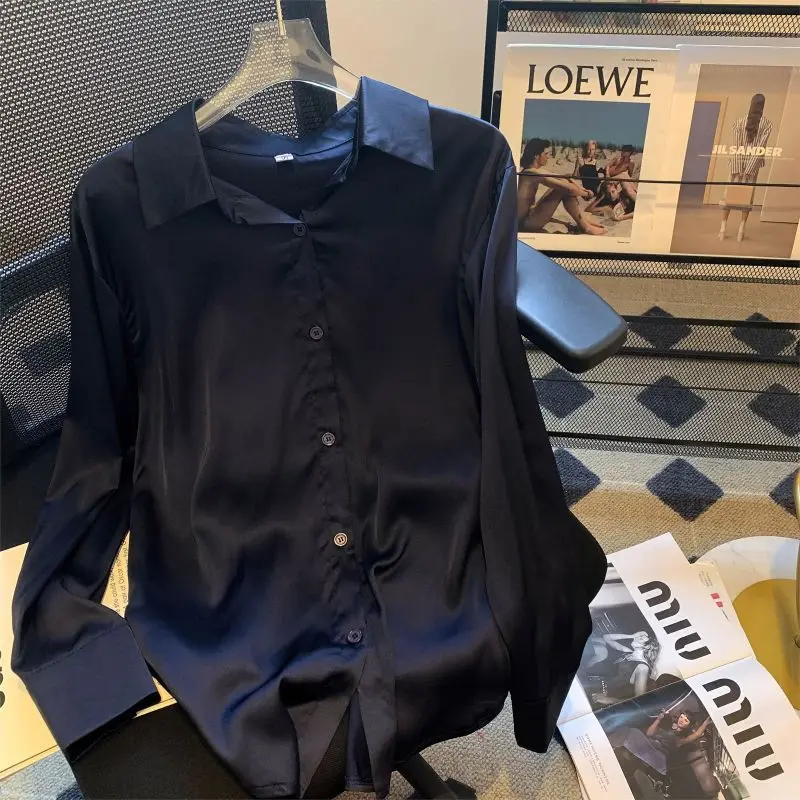 2024 New Summer Simplicity Elegant Fashion High Waist Women's Shirt Solid Color Loose Folds Button Lapels Long Sleeve Y2K Tops