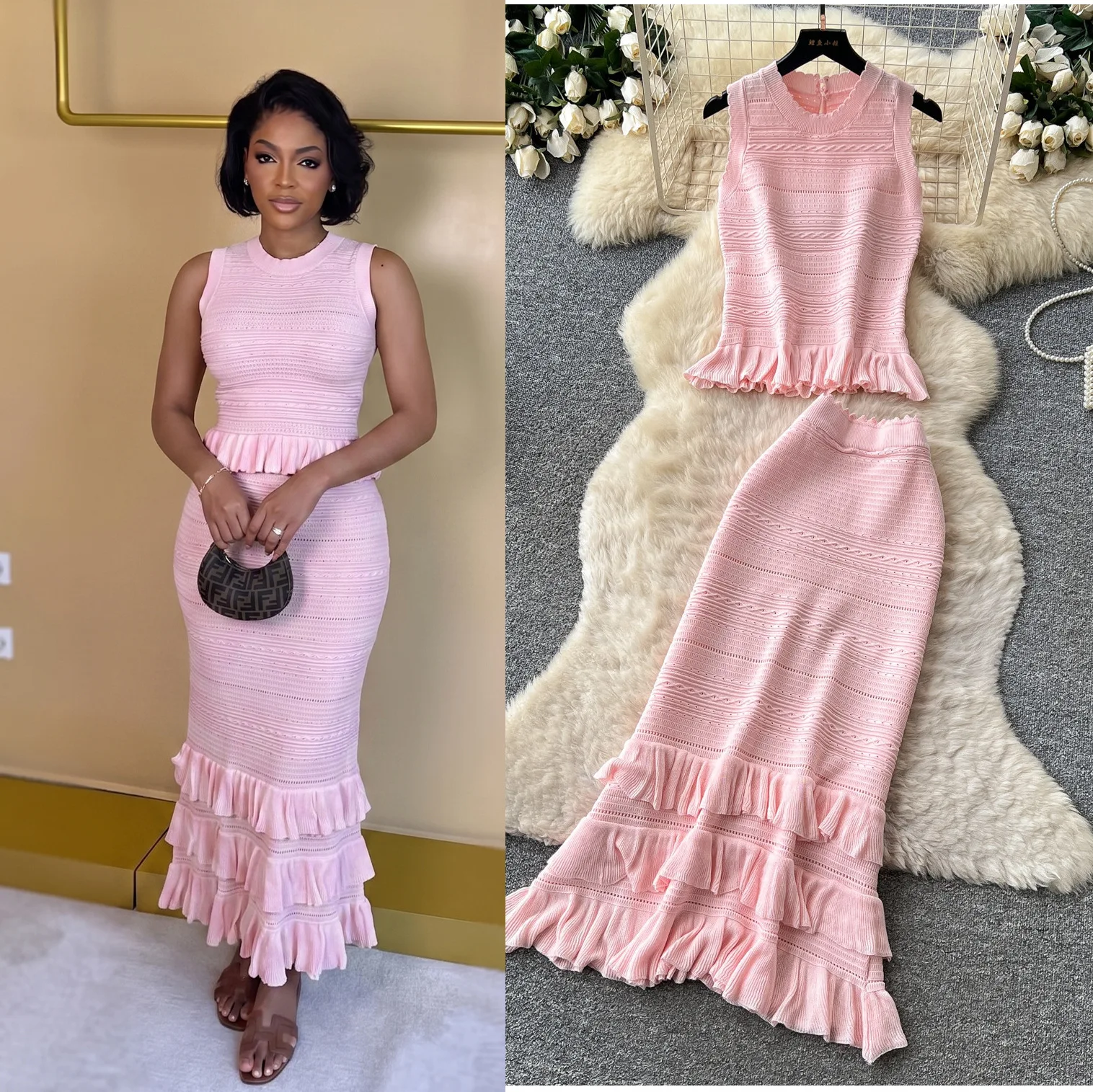 French-style Gentle Knit West And Pleated Skirt A Two-piece Set For Women, Perfect. For Summer, Creating A Slimming And Elegant