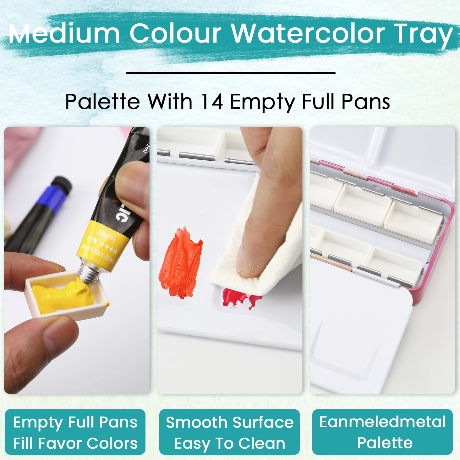 Watercolor Palette Empty w/Paint Tray & 14 Watercolor Pans - Empty Watercolor Palette Tin - Travel Watercolor Palette with Lid