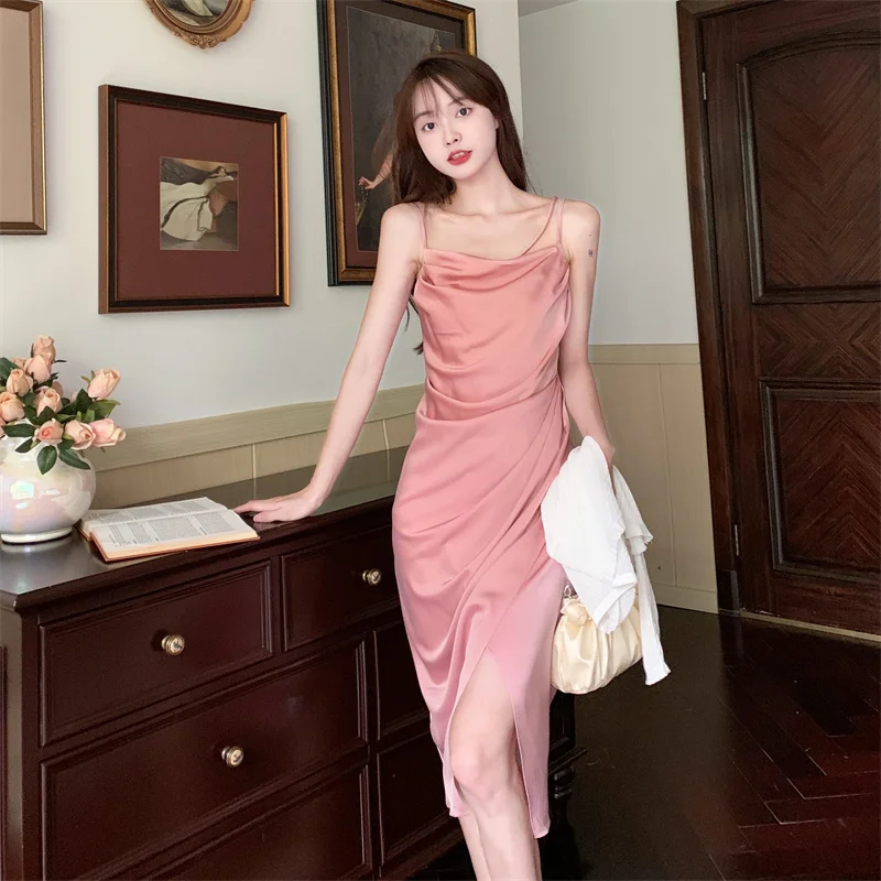 Backness Sexy Satin Pink Evening Party Dress 2022 Summer Spaghetti V Neck A Line Folds Party Midi Long Split Dresses For Women