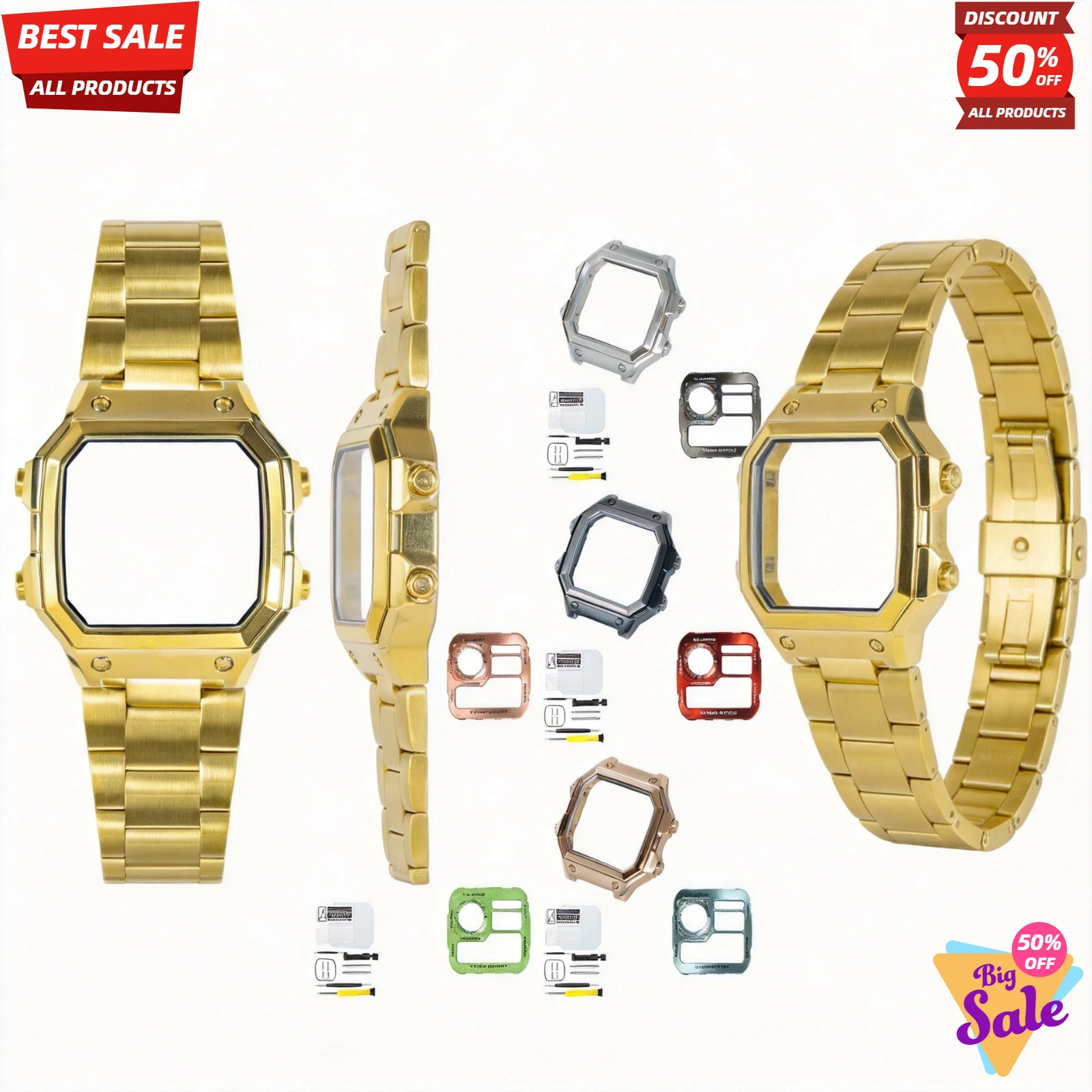 316L Watch Case Faceplate Upgrade Kit for Casio AE1200 Matte Gold Case Style Multi Color Faceplate Metal Royale Mod