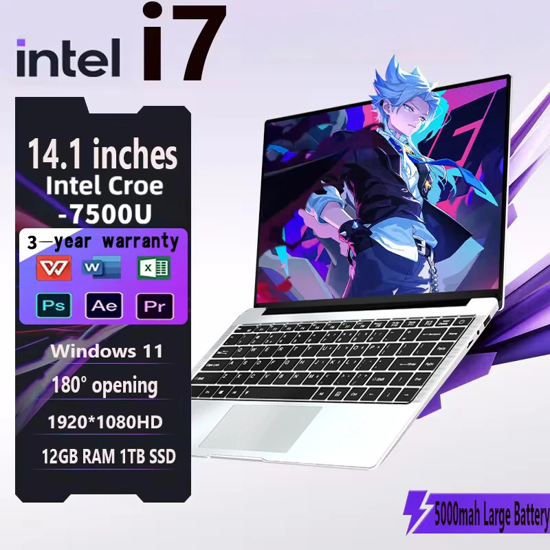 Портативный ноутбук Intel Core i7 7500U 2025 года, Windows 11 SSD, 2 ТБ, DDR4, 12 ГБ, игровые ноутбуки, 14,1 дюйма, 1920*1080 HD, ноутбук
