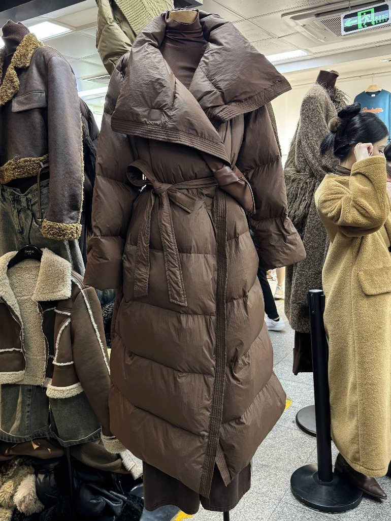 겨울 유로 신상 여성 다운 자켓 루즈핏 출퇴근 카라 스트랩 롱 다운 자켓