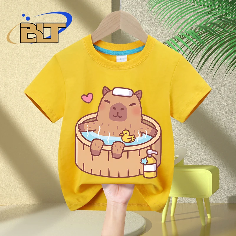 Cute Capybara and Ducky Relaxing in Hot Bath printed kids T-shirt summer pure cotton short-sleeved boys and girls