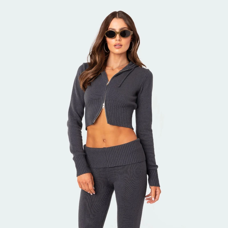 Hooded Sweater Crop Top Flare Pants Stretch Matching Suit Outfit Knitted 2 Piece Sets Women Tracksuit Long Sleeve Zipper