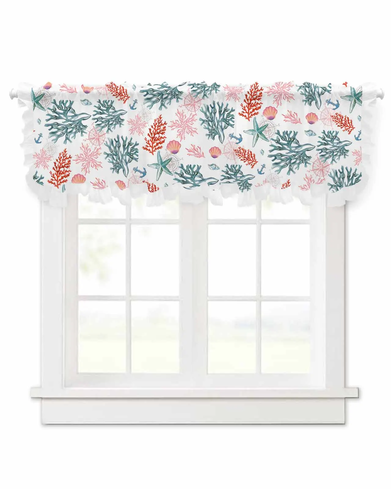 Coral Starfish Anchor Shell Short Tulle Half Curtains for Living Room Kitchen Door Cafe Window Sheer Valance Drapes