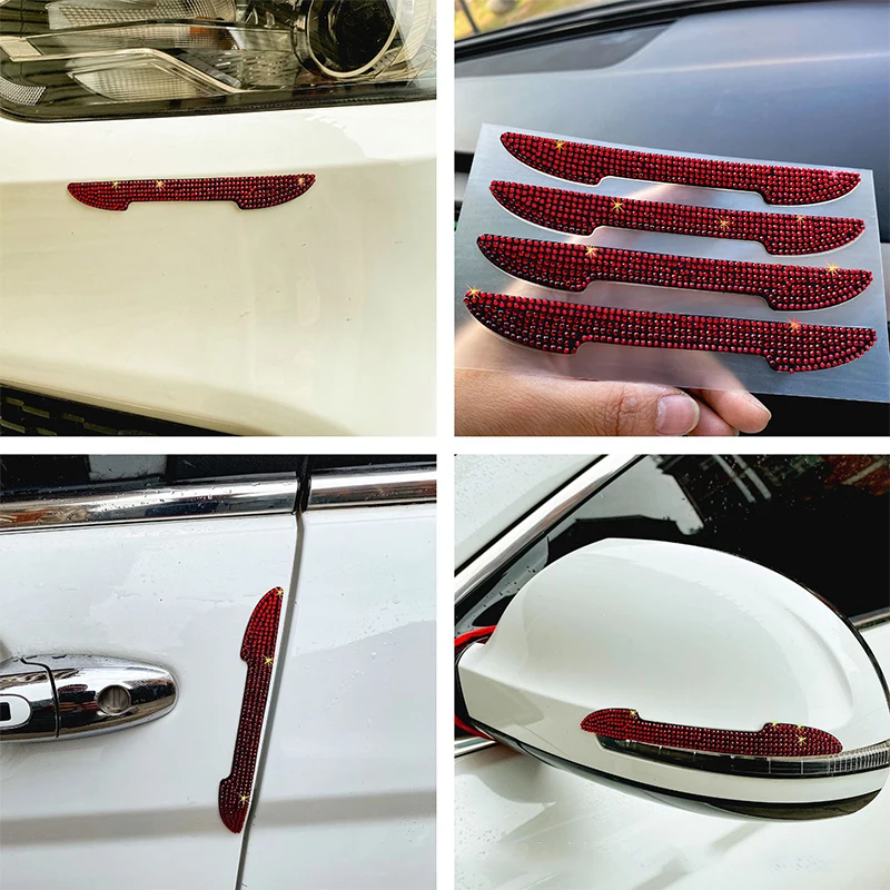 4 PCS Car Door Inlaid Diamond Side Edge Protector Bumper Rear View Mirror Anti-Collision Strip Scratch Sticker Styling Moulding