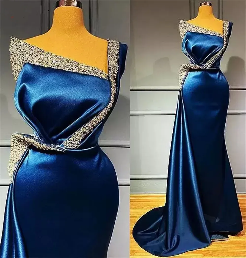 Baru 2023 Biru Royal Satin Putri Duyung Gaun Malam Formal untuk Wanita Manik-manik Kristal Ukuran Besar Gaun Pesta Prom Jubah De Pernikahan