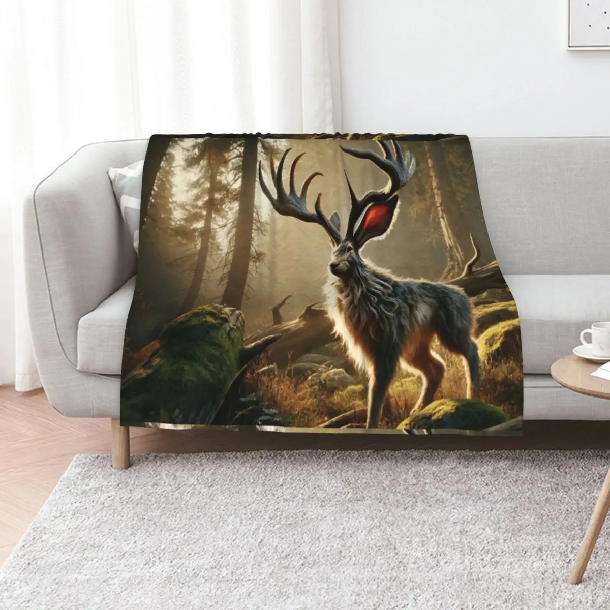 

Fantasy Hybrid Jackrabbit-Antelope (Jackalope) in Enchanted Forest Throw Blanket Reusable Durable Soft Blanket for All Seasons