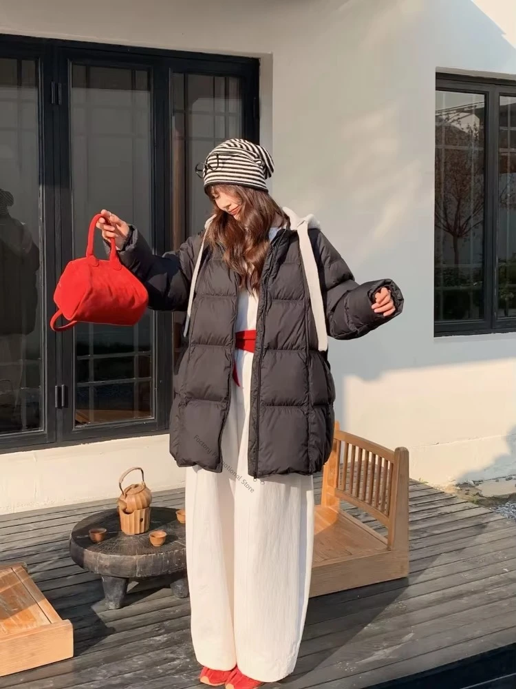 Female Lightweight Winter Puffer Down Coat Knit Hooded Casual Street Style Outerwear for Daily Commuting Warm Layering Wear