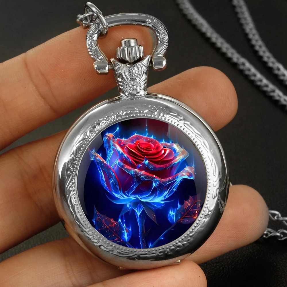 Collana per orologio da tasca al quarzo con cupola in vetro rosa blu, moda personalizzata, argento, acciaio inossidabile, catena con ciondolo gioielli da donna