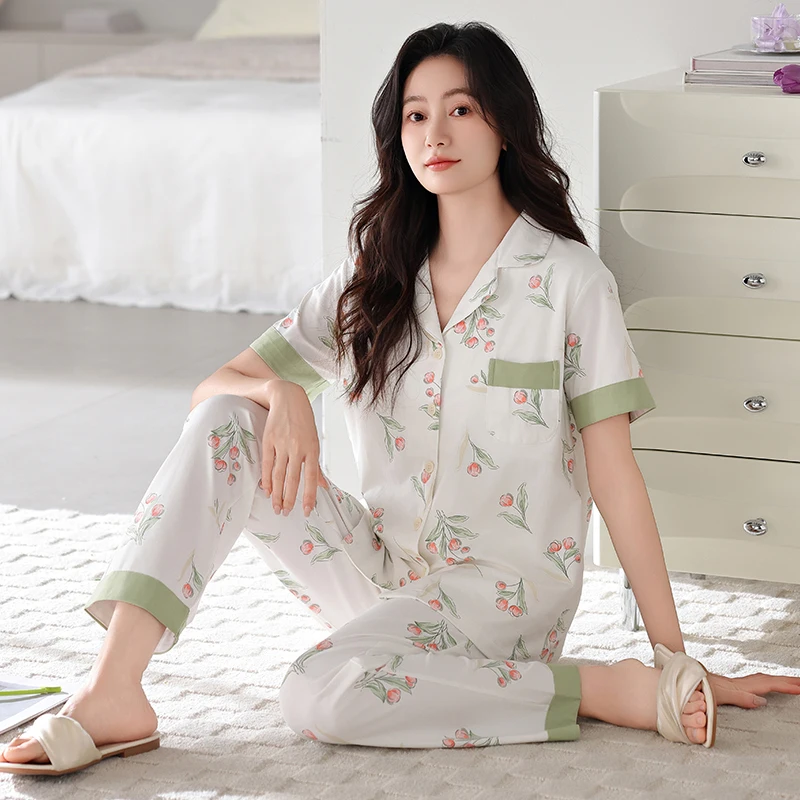 High Quality Summer Women Pajama Sets Knited Cotton Home Wear Female Short Sleeve Floral Pyjamas