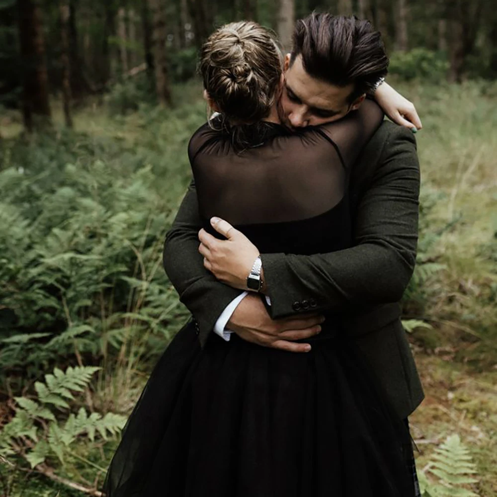 Vestido de casamento de tule de tule de mangas compridas de alta pescoço feito sob encomenda mais tamanho irregular alto baixo preto fotografia de halloween tutu vestido de noiva