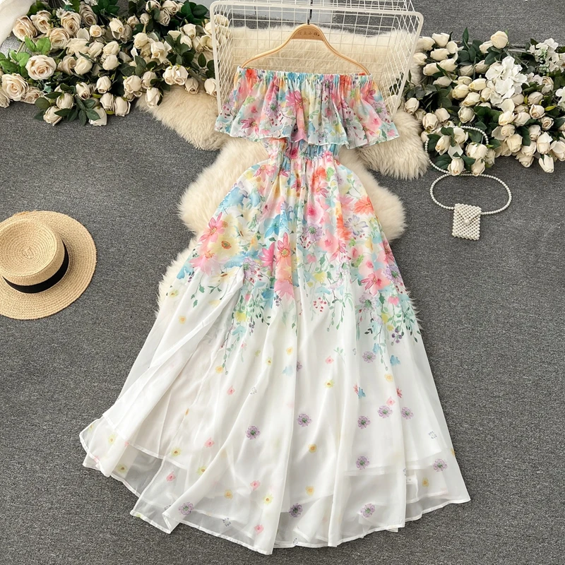 2024 New Flower Series Travelling Holiday Dress Women's Ruffle Off the Shoulder Chiffon Long Fairy Dress