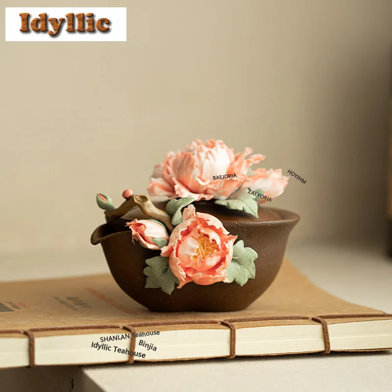 HOYIHM 110ml Wood-fired Peony Gourd Teapot Antique Tea Infuser Pot Household Tea Brewing Kettle With Filter Chinese Tea Set Gift