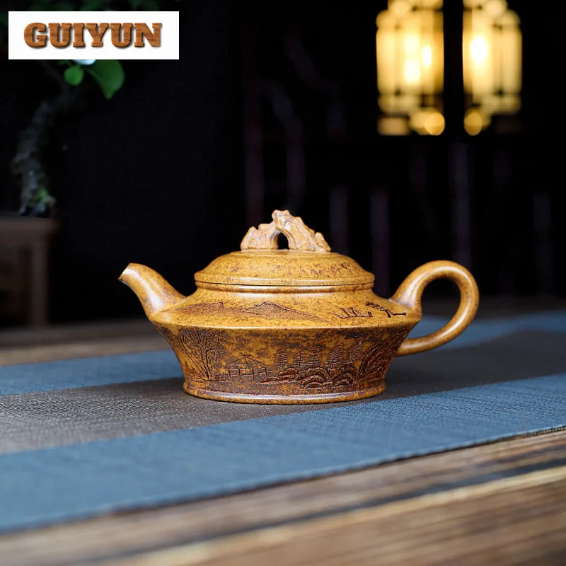 

300ml Classic Yixing Purple Clay Teapots Handmade Flat Pot Raw Ore Temperature Section Mud Tea Brewing Kettle Zisha Tea Set Gift