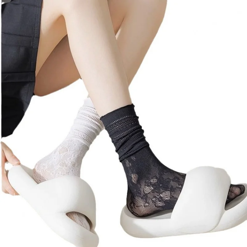 Chaussettes mi-mollet en dentelle pour femmes, bas d'été fins, respirants, absorbant la transpiration, creux, petite fleur, oreille en bois, long tube W