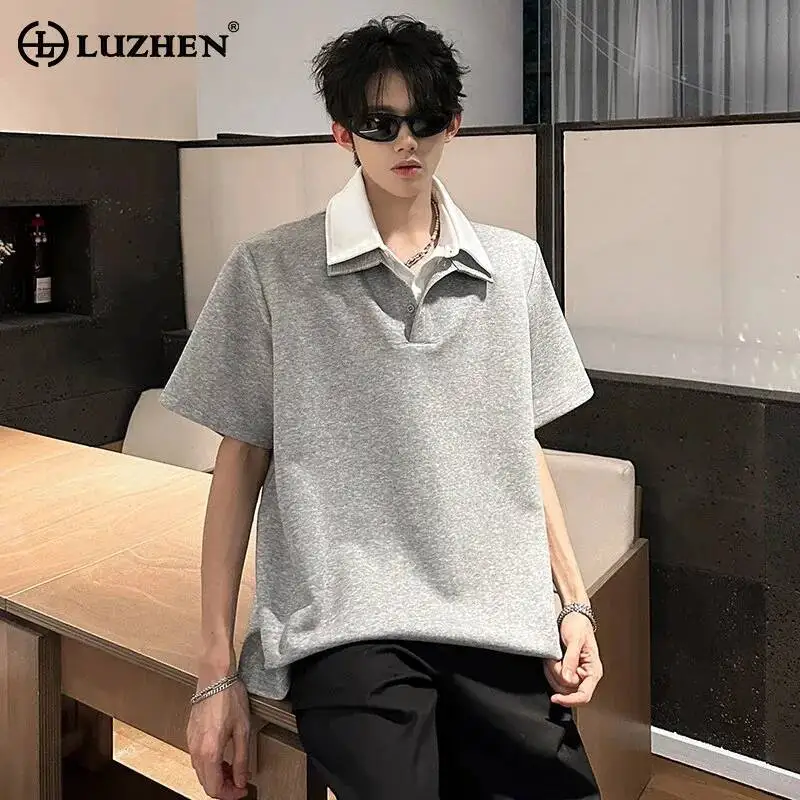 LUZHEN 2026 Summer Fake Two Piece Double Layer Neck Short Sleeve T-shirts Men's Fashion Original Loose Korean Casual Tops JY7776