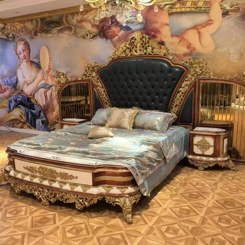 !@RIKKASI Home Bedroom Furniture Luxury Solid Wood Upholstered Double Bed Designs California King Bed