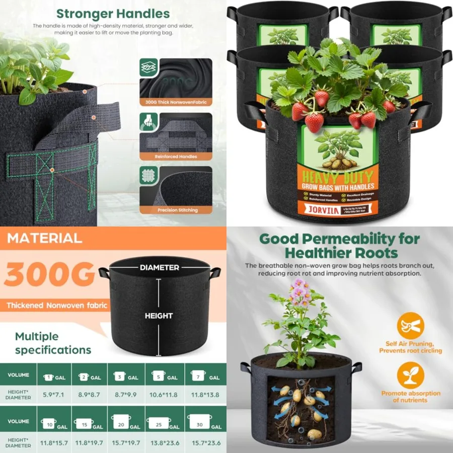 

Pack 0 Grow Bags, Thickened Nonwoven Fabric Planter Pots with Handles, Heavy Duty 300G Garden Pots for Tomato, Potato and Veget