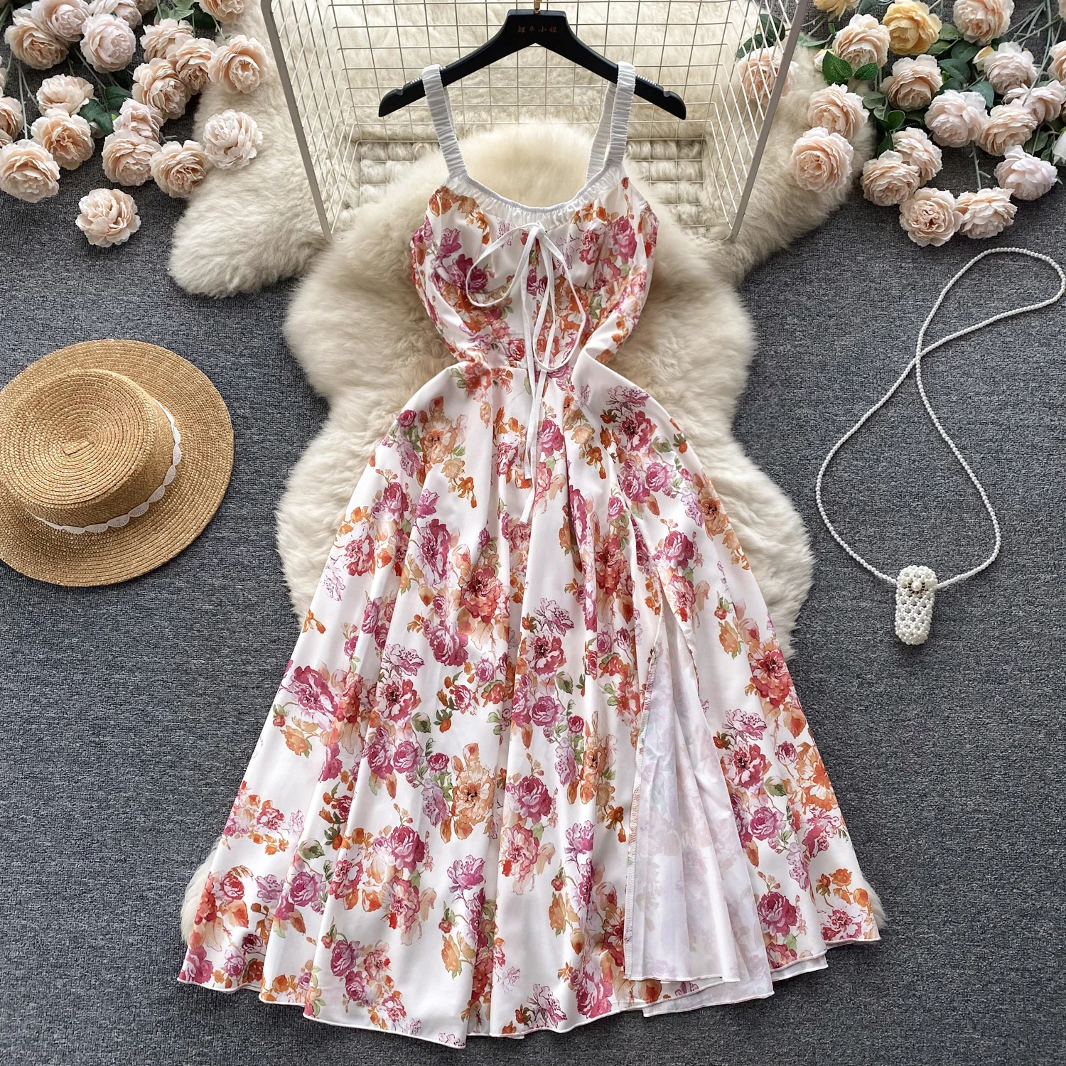 French Women Sweet Summer Floral Print Dress Vintage Style Spaghetti Strap Sleeveless High Waist Slim Big Swing Midi Party Dress