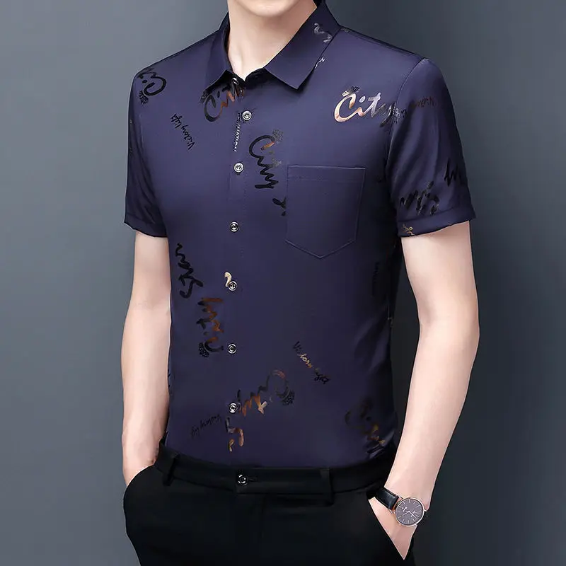 Fashion Men\'s Summer Short Sleeve Printed Polo-Neck Shirt New Male Clothes Casual Vintage Single-breasted Pockets Shirt Tops