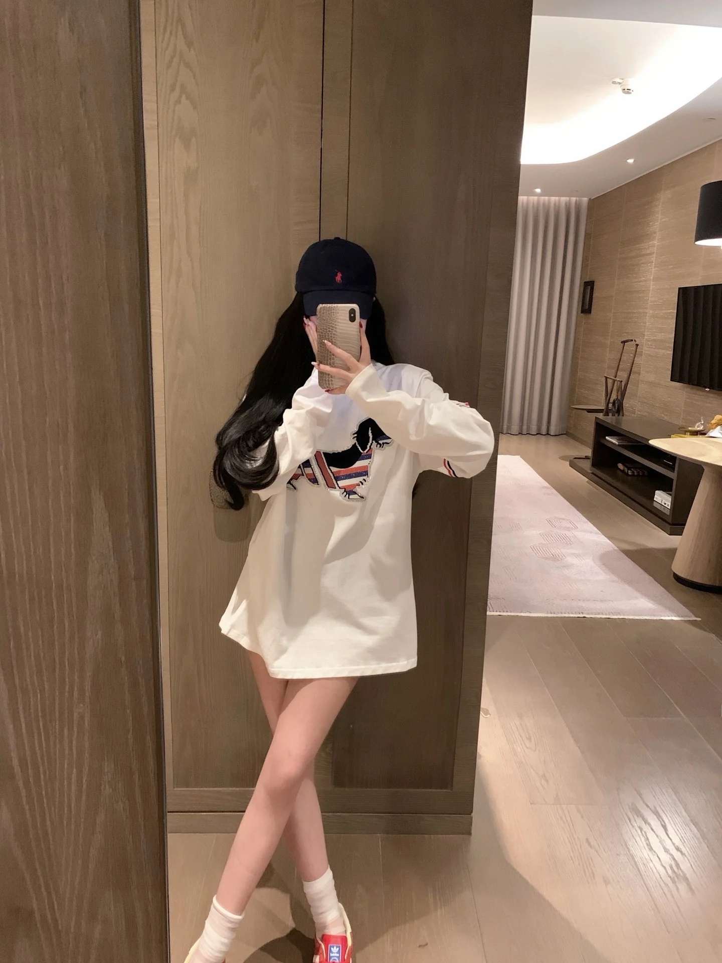 

Женская свободная футболка Heavy Embellied Long Sve, хлопковый топ средней длины с собачьим принтом, повседневная круглая футболка Ne