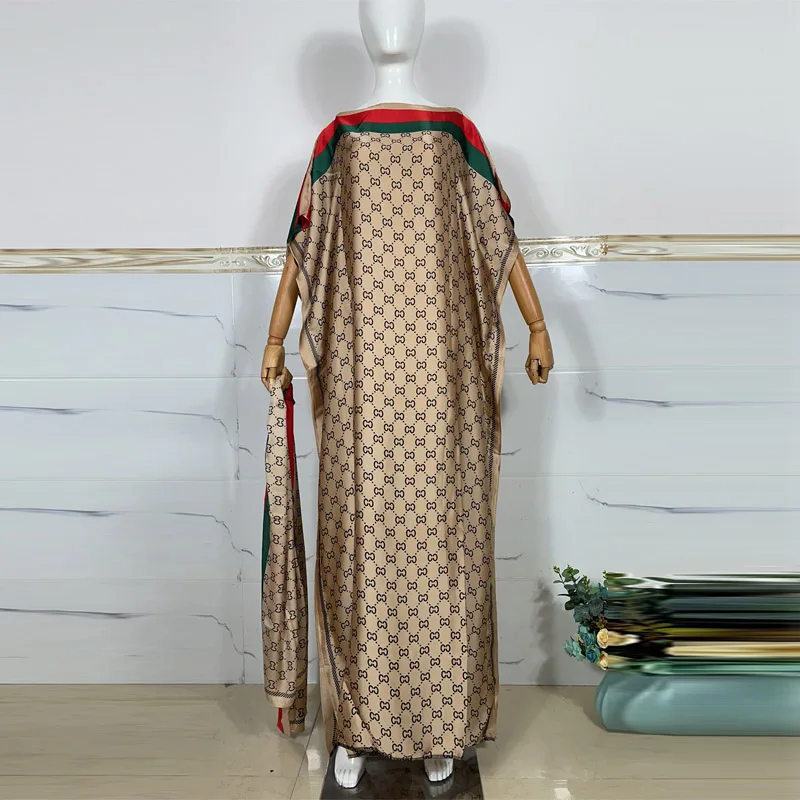 2023 silk kaftan Rayon Oversize African Women Clothing Dubai Dashiki Abaya Free Size Print Design With Scarf Loose Long Dress