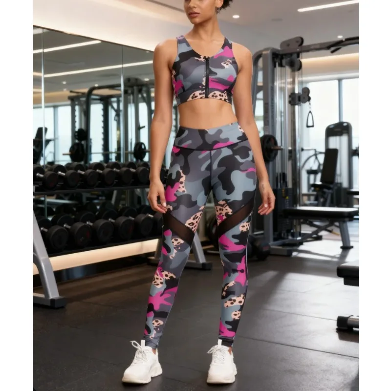 

Krisnanas Camouflage Print 2 Piece Pants Sets 2025 Short Zipper Tanks Top Patchwork Mesh Skinny Pants New Yoga Suits Lady 67332