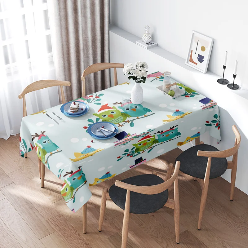 Bright Blue Tablecloth with Cartoon Birds Design for Dining Room Decoration Washable Fabric Material， Perfect for Kids Parties o