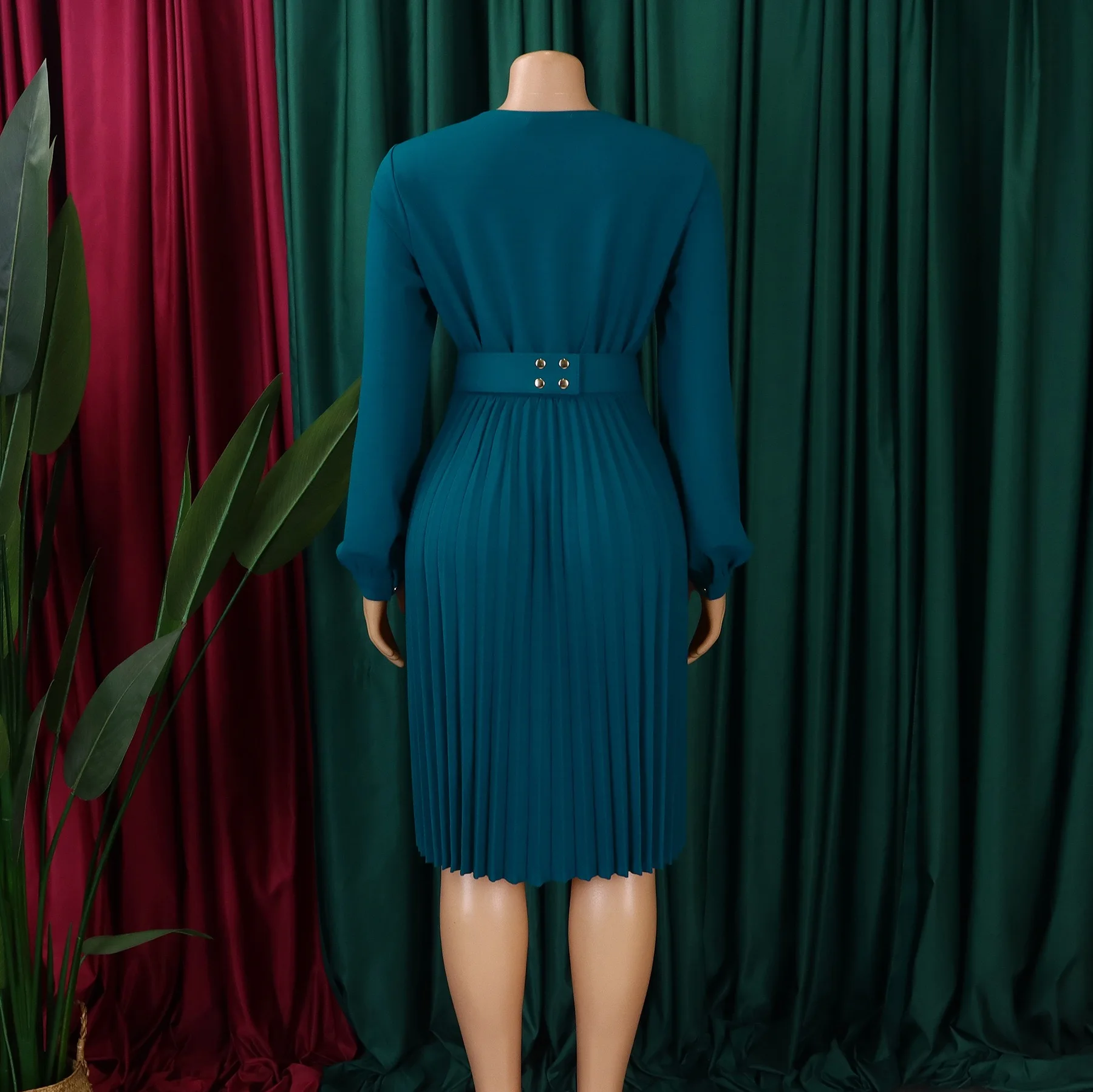 فساتين أنيقة للسيدات للمكتب 2026 جديدة بياقة على شكل V وأكمام طويلة وخصر عالي منتصف الساق ملابس عمل نسائية احترافية فستان ساخن #4