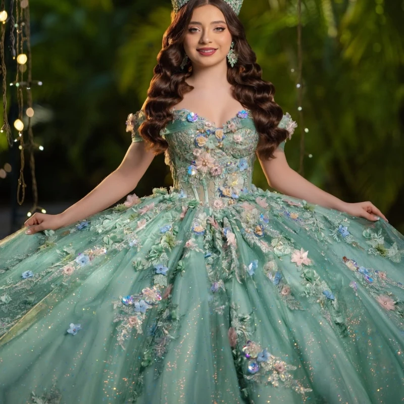 

aqua blue Shiny Ball Gown Quinceanera Dresses Applique Flower Beading Crystal Tull Corset Off The Shoulder Sweet 16 Dress vestid