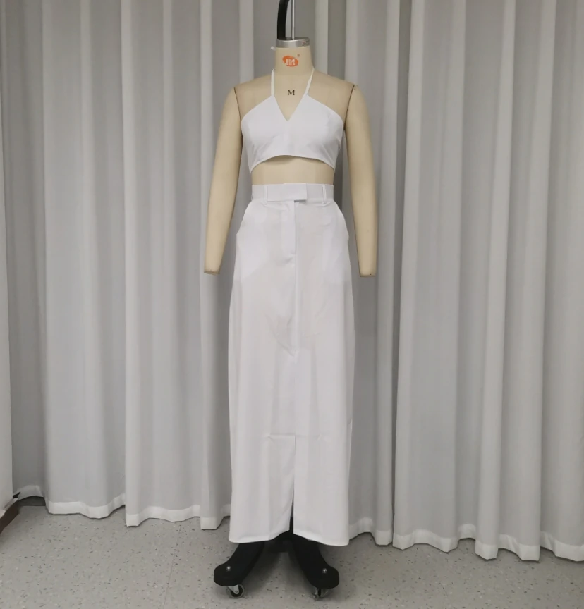 Women Two Piece Elegant Summer Fashion Fresh Halter Tie Detail Crop Top and High Waist Pocket Design Split Midi Skirt Set