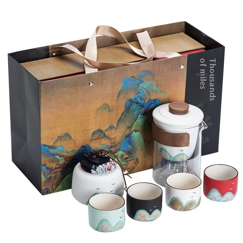 Chinese teacup set, one pot + four cups of hand-painted mountain view ceramics, corporate gift set