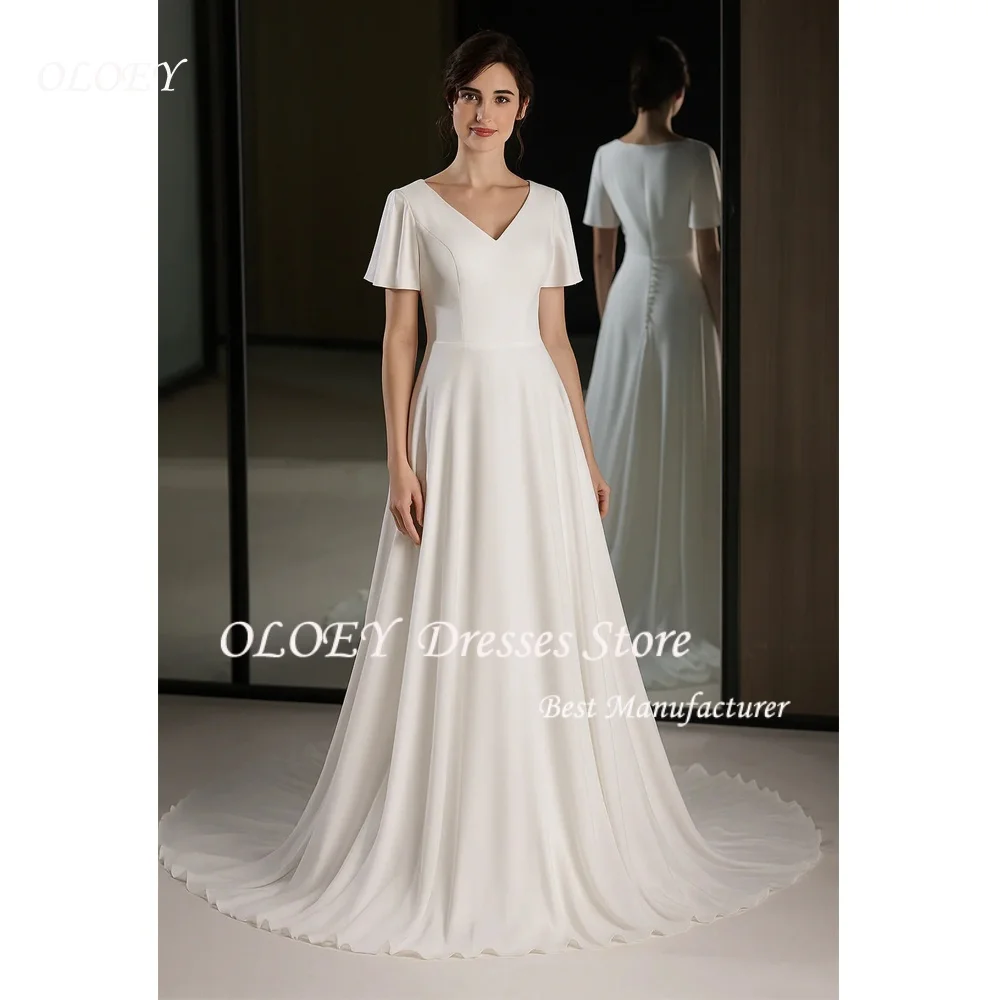 OLOEY 2026 Simple V-neckline Wedding Dress for Woman Bride Satin Train Vestido De Casamento Vestidos Novias Boda