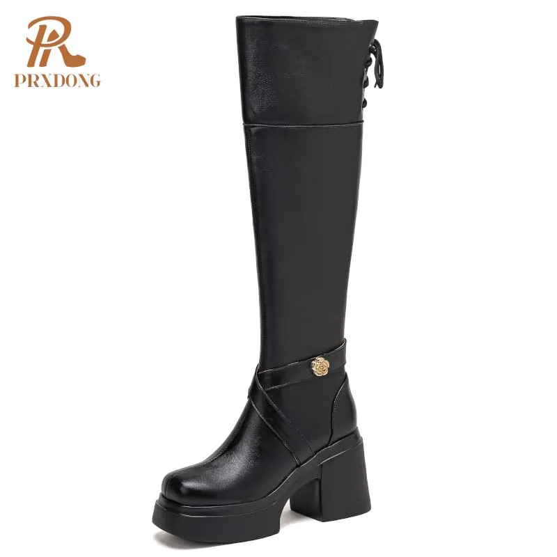 PRXDONG 2024 New Classics Autumn Winter Shoes Woman Stretch Boots Square High Heel Platform Black Apricot Casual Knee High Boots