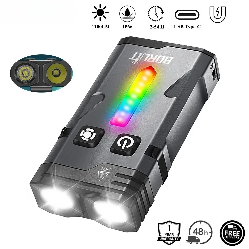 EDC Aluminum High Bright Flashlight 1100 Lumen RGB Green Light Portable Rechargeable Torch for Outdoor Hiking Night Exploration